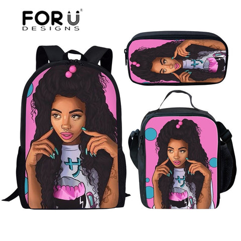 FORUDESIGNS Black Art Afro Lady Girls School Bags for Kids 3pcs School Bag Set Children Preppy Bookbags Students School Rucksack