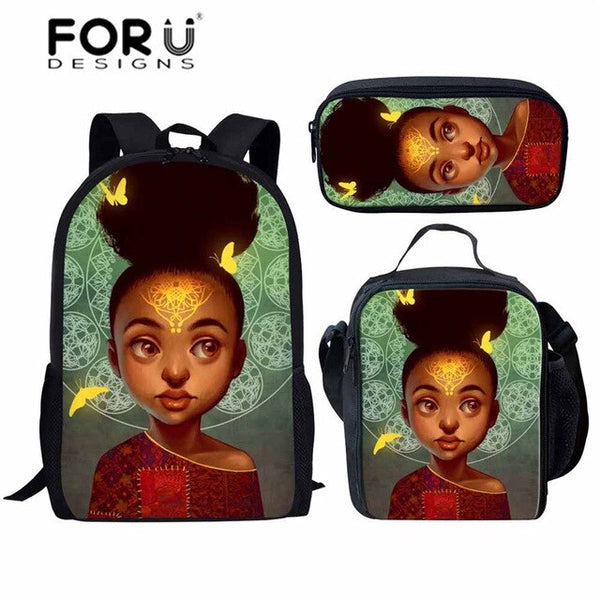 FORUDESIGNS Black Art Afro Lady Girls School Bags for Kids 3pcs School Bag Set Children Preppy Bookbags Students School Rucksack