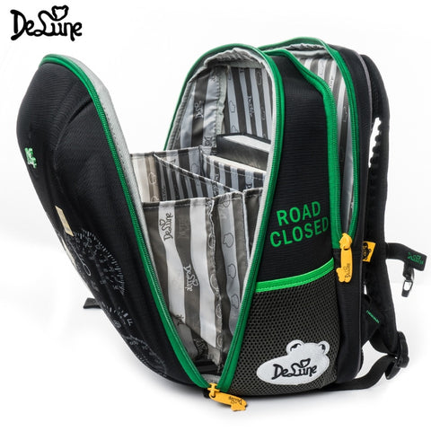 Delune Orthopedic School Bag for Children Boys Four-wheel Drive Cars Print Backpack Speed SUV Mochila Infantil Grade 1-5 Green