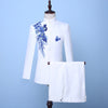 2019 Autumn Chinese Style White Stand Collar Two-Piece Men's Jacket Suits Blue Sequin groom suit Costumes(Jacket+Pants)