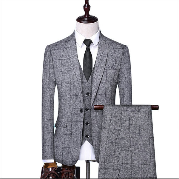 Jackets + Vest + Pants 2020 Men's Groom Wedding Dress Plaid Formal Suits Set Men Fashion Casual Business Suit Three-piece