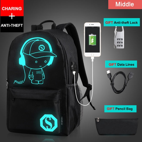 New Student School Bag Backpack Anime Luminous For Boy girls Daypack Multifunction USB Charging Port and Lock School Bag Black