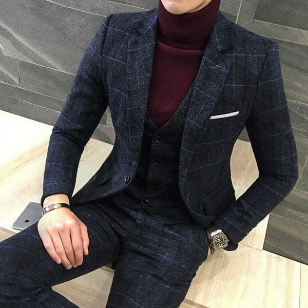 2019 Spring New, Fashion Gentleman Men's Plaid Leisure Suit Jacket Sets , England Simple Groom 3-piece Suit+ Pants+ Vest 5xl