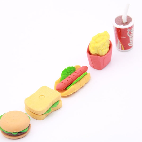 Wholesale! Cute Kawaii Cake Hamburger Food Drink Coke Eraser Set Stationery School Office Erase Supplies Fruit Kids Gift