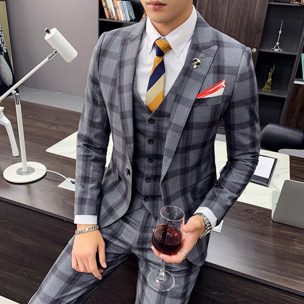 Men's Spring Suit 3 Pcs / 2 Pcs Khaki Gray Plaid Dress Formal Men's Suit Classic Men's Wedding Dress Slim Dress Formal Costume