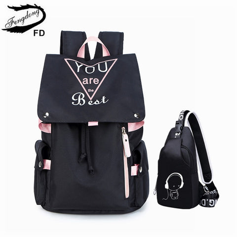 FengDong 2pcs/set teen girl school backpack set luminous sling chest bag set high school bags for girls travel laptop backpack