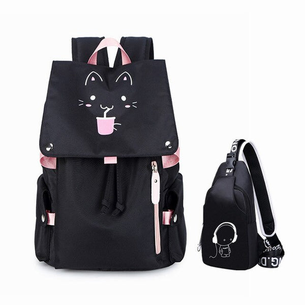 FengDong 2pcs/set teen girl school backpack set luminous sling chest bag set high school bags for girls travel laptop backpack