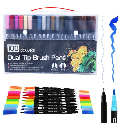 100 Colors Dual Brush Art Markers Pen Fine Tip and Brush Tip Pens for Bullet Journals Adult Coloring Books Calligraphy Lettering