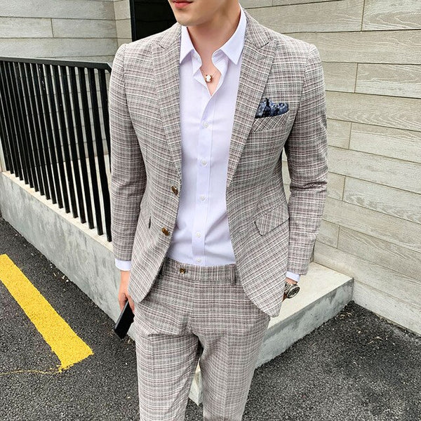 Large British light color Plaid suit men's slim trend wedding dress studio dress evening small suit two piece set