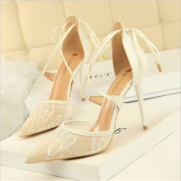 Sexy Floral Lace Mesh Pointed Toe Women Sandals New Arrival Cut-Outs Cross-tied Shallow Sandals Women's High Heels Shoes Fashion