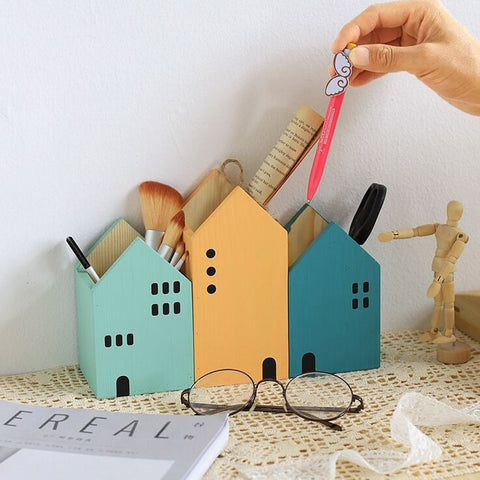 Sharkbang New Arrival Kawaii House Shape Wood Pen Holder Desk Organizer Storage Box School Office Accessories Stationery