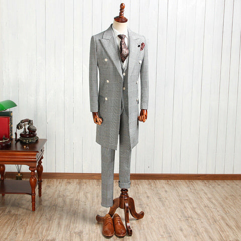 2019 New Men's Suits Long Blazer Houndstooth Double-breasted Tuxedos For Wedding Three Pieces Formal Suits (jacket+vest+pants)