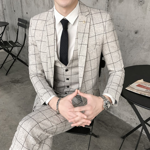 (Jacket + Vest + Pants) 2020 Men's Groom Wedding Dress Plaid Formal Suits Set Men Fashion Casual Business Slim Suit Three-piece