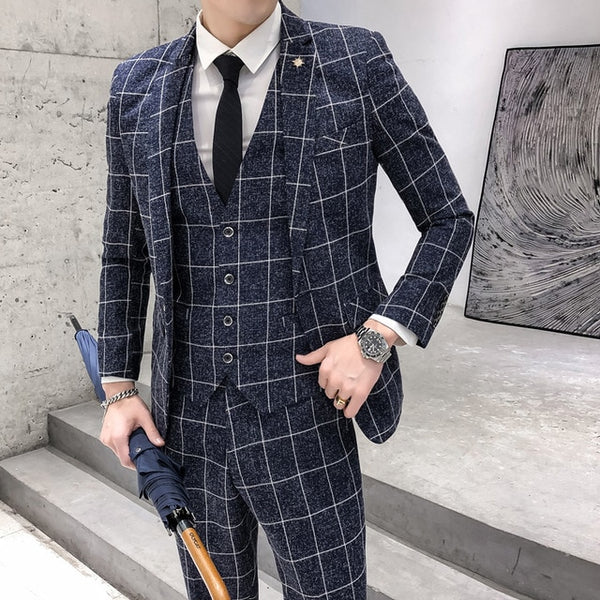 (Jacket + Vest + Pants) 2020 Men's Groom Wedding Dress Plaid Formal Suits Set Men Fashion Casual Business Slim Suit Three-piece