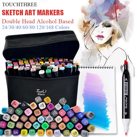 TouchThree Art Markers Set 30/40/60/80/168 Colors Drawing Markers Pen Alcohol Based Felt-Tip Oily Twin Brush Pen Art Supplies