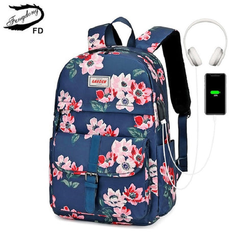 Fengdong floral school backpack for girls women vintage flower bag female travel backpack kids school bag student big backpack