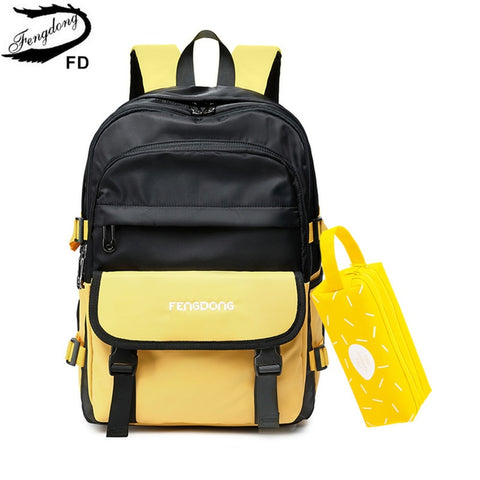 FengDong fashion yellow school backpack for girls waterproof nylon big backpack school girl book bag stationery pen pencil bag