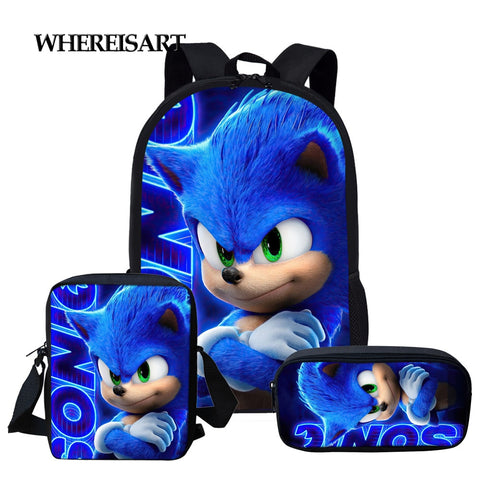 WHEREISART 3pcs/set Sonic the Hedgehog Print School Bags for Teenager Girls Kids Cartoon School Backpack Student Bookbags