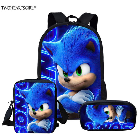 Twoheartsgirl 3pcs/set Sonic the Hedgehog Print School Bags for Teenager Girls Kids Cartoon School Backpack Student Bookbags