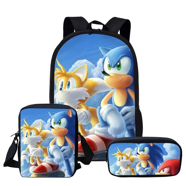 Twoheartsgirl 3pcs/set Sonic the Hedgehog Print School Bags for Teenager Girls Kids Cartoon School Backpack Student Bookbags