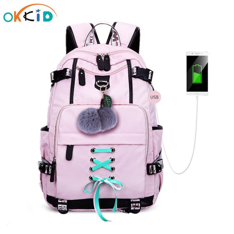 OKKID high school bags for teenage girls large school backpack female travel laptop backpack 15.6 usb charge bag plush ball gift