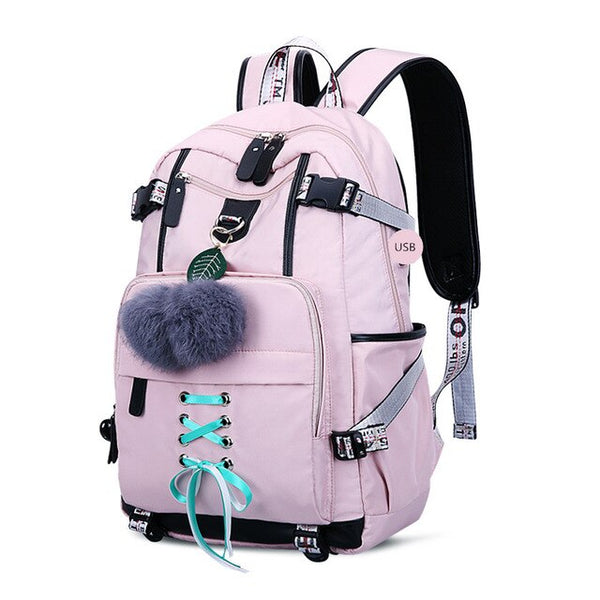 OKKID high school bags for teenage girls large school backpack female travel laptop backpack 15.6 usb charge bag plush ball gift