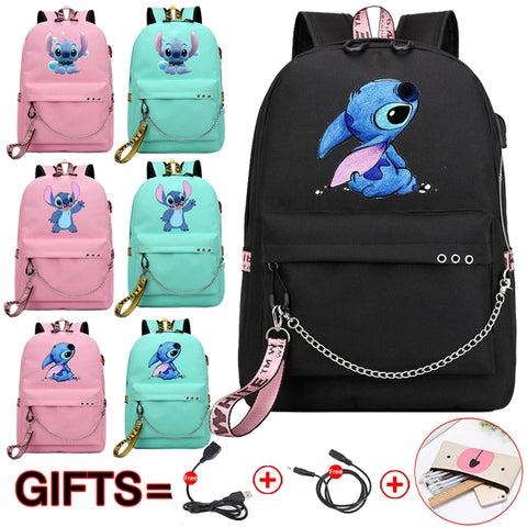 Kawaii Stitch Bag Zipper Sac A Dos USB Charging Mochila Pink Backpack Women Kpop School Bags for Teenage Girls Harajuku Student