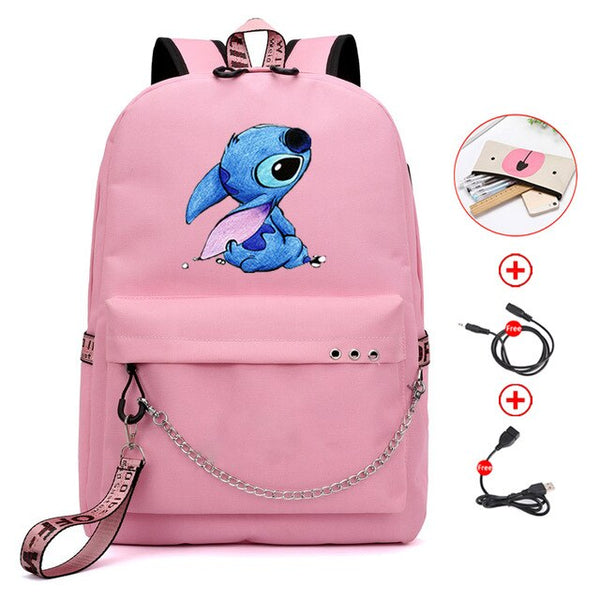 Kawaii Stitch Bag Zipper Sac A Dos USB Charging Mochila Pink Backpack Women Kpop School Bags for Teenage Girls Harajuku Student