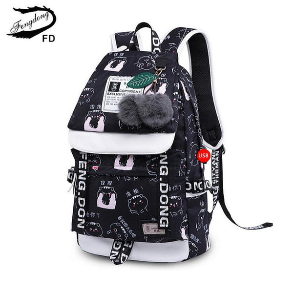 Fengdong school bags for girls cute butterfly pattern backpack usb charge book bag plush ball decoration kids school backpack