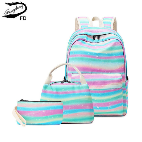 Fengdong school bags for teenage girls fashion stripe waterpfoof school backpack set children food bag kids pen pencil bag set