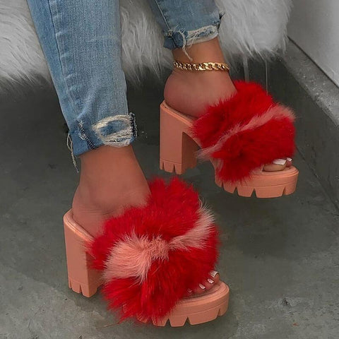 Women's Sandals 2020 Summer High Heels Vintage Plush Fur  Slippers Peep Toe Square Heel Wedges Sandals Shoes Zapatos Mujer