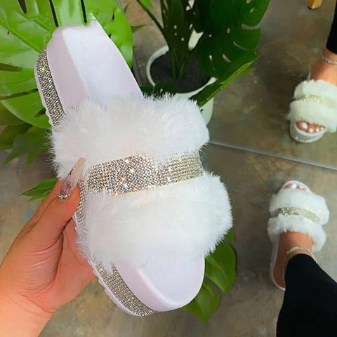 INS Bling Women's Plush Slippers Fur Slides Rhinestones Flat Women Platform Sandals Fashion Casual Shoes Comfortable Plus Size