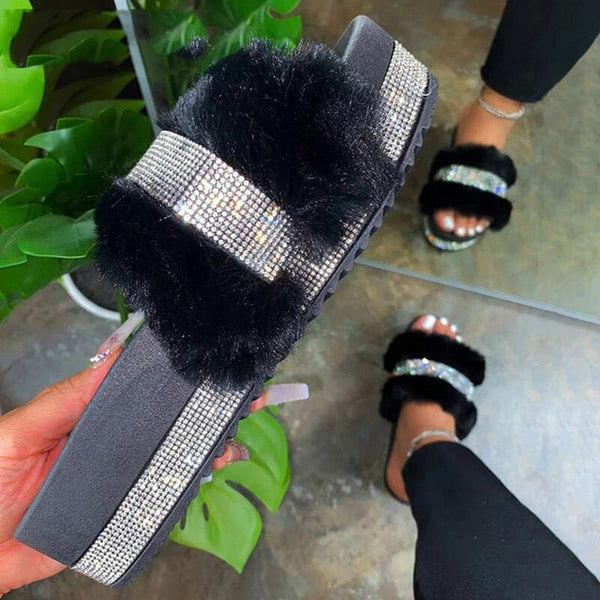 INS Bling Women's Plush Slippers Fur Slides Rhinestones Flat Women Platform Sandals Fashion Casual Shoes Comfortable Plus Size