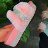 INS Bling Women's Plush Slippers Fur Slides Rhinestones Flat Women Platform Sandals Fashion Casual Shoes Comfortable Plus Size