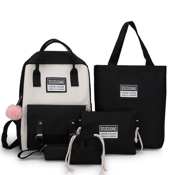 2020 New Canvas Female Book Bag Backpack 5pcs/set Schoolbag School Bag Travel Pack Fashion Tassel Women Teenage Teenagers Girl