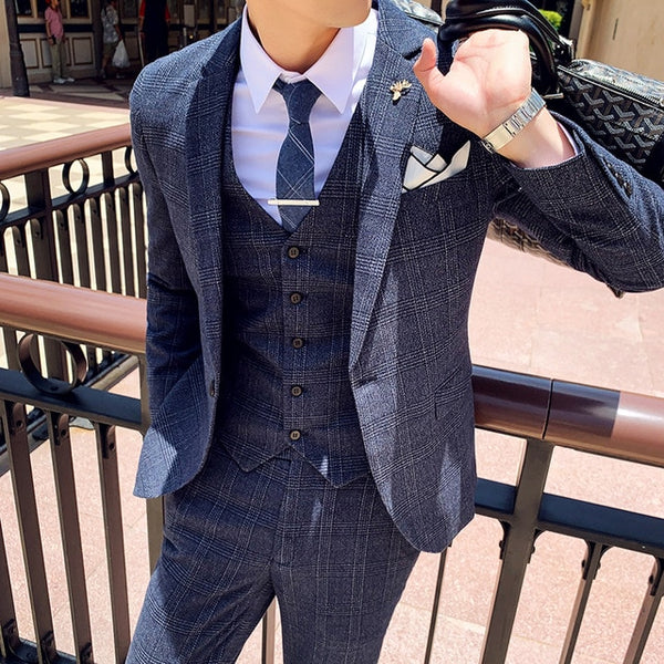 2020 New Arrival Suit Men Three-piece Suit Korean Version British Slim Check Wedding Casual Business Suit High Quality Men Suit