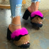 Women's Sandals 2020 Summer High Heels Vintage Plush Fur  Slippers Peep Toe Square Heel Wedges Sandals Shoes Zapatos Mujer