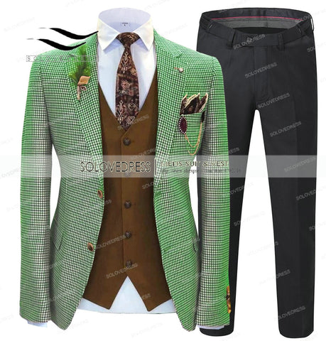 Men's Suit Green Formal 2 Pieces Slim Fit Shawl Lapel Plaid Soft Wool Tweed Prom Grey Tuxedos Wedding Groomsmen (Blazer+Pants)