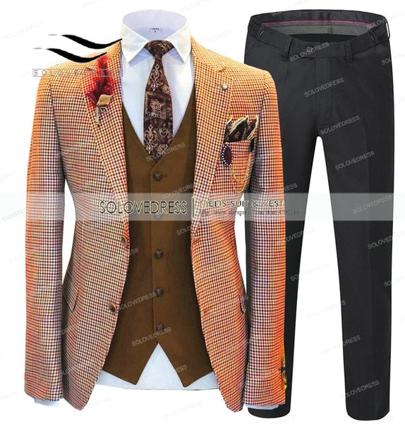 Men's Suit Green Formal 2 Pieces Slim Fit Shawl Lapel Plaid Soft Wool Tweed Prom Grey Tuxedos Wedding Groomsmen (Blazer+Pants)