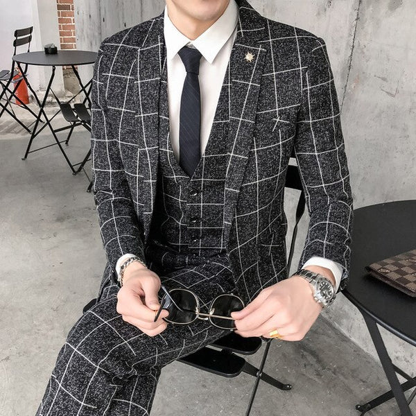 suit men Plaid Blazers+Pant men's Business suit Office Uniform Party suit Korean Slim Fit Single Button men's Tuxedo Asian size