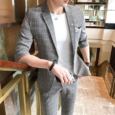 Plaid Suit men Summer Thin Blazer+Ankle-length Pants 2 Pieces set men's business suit New Fashion Casual party Slim Male suits