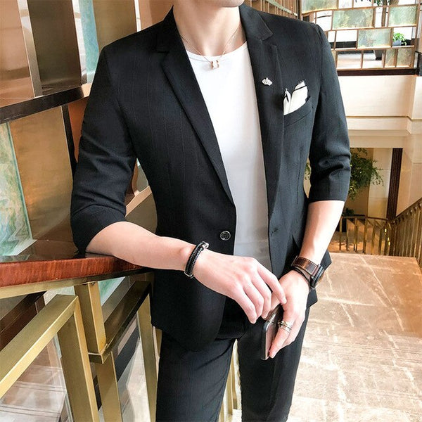 Plaid Suit men Summer Thin Blazer+Ankle-length Pants 2 Pieces set men's business suit New Fashion Casual party Slim Male suits