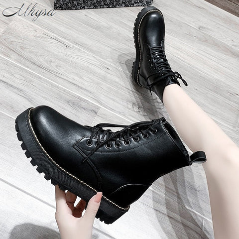 2020 Winter Fashion Women's Boots Lace Up Mid-Calf Round Head Women Boots Black Square-Heel Mid-Heel Pu Women Shoes Botas Mujer