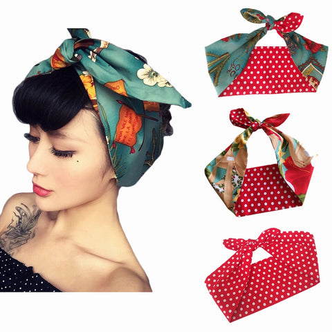 women vintage 50s Skull Print Dot headband hair accessories hairband bow rockabilly pinup wire scarf 16 styles