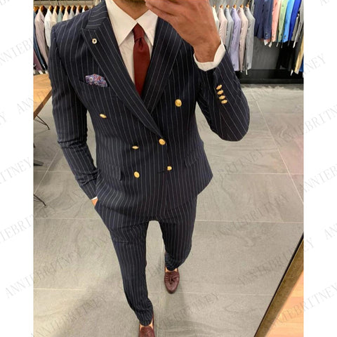 2020 Classic Double Breasted Mens Suits with Pants Stripe Men's Blazer Slim Fit Wedding Groom Tuxedos Tailor-made Prom Costume