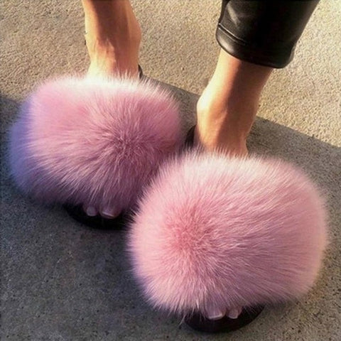 LITTHING 2020 Women Furry Slippers Ladies Shoes Cute Plush Fox Hair Fluffy Sandals Women's Fur Slippers Winter Warm Slippers Hot