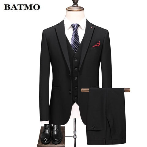 BATMO 2019 new arrival high quality casual suits men,men's solid color wedding dress ,jackets+pants+vest,plus-size S-4XL