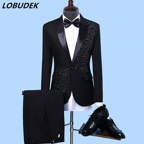 Men's Formal Suits Black white Crystals Slim Blazers Group musical performance Costume Wedding Party Prom Host singer Stage suit