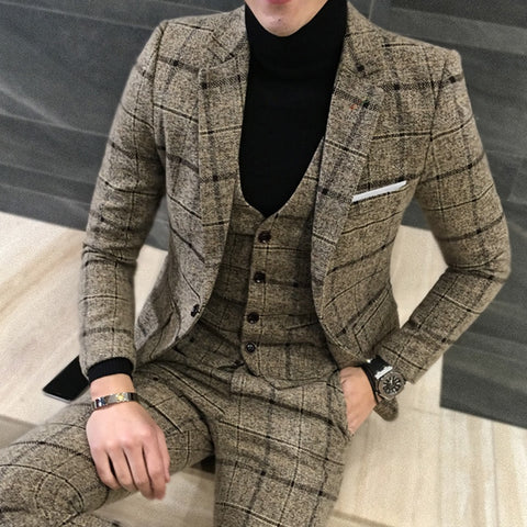 2019 Spring New, Fashion Gentleman Men's Plaid Leisure Suit Jacket Sets , England Simple Groom 3-piece Suit+ Pants+ Vest 5xl