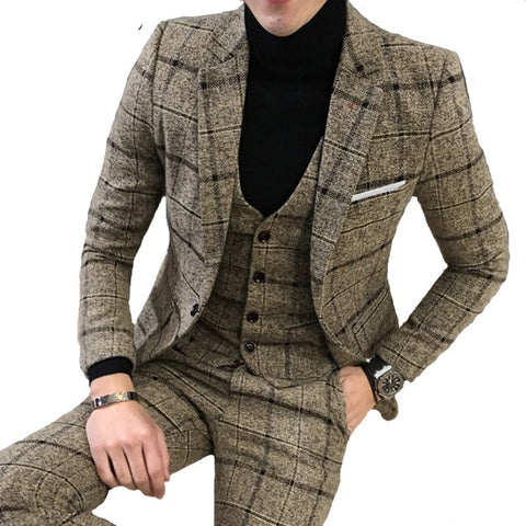 Luxury 3 piece suit men's suit latest jacket design blazer fashion plaid wedding dress tuxedo men's suit (blazer + vest + pants)